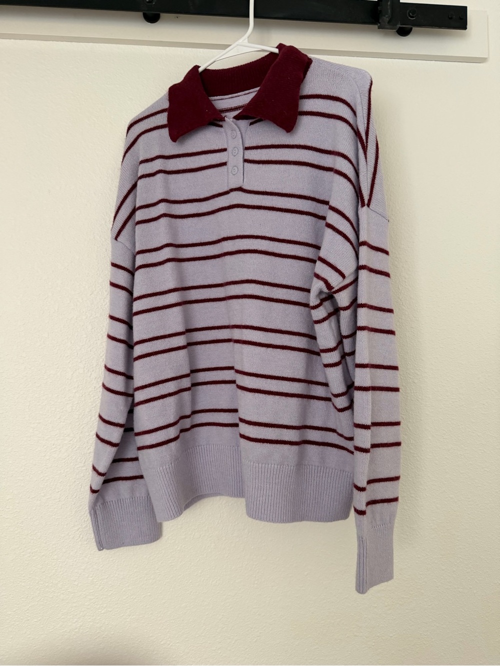 Amazon Lavender and Burgundy Striped V-Neck Polo Sweater